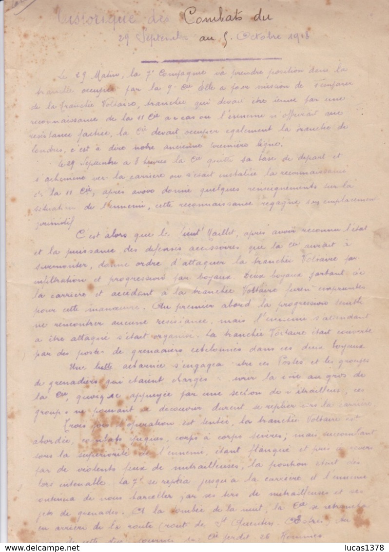 HISTORIQUE DES COMBATS DU 401 EME RI DU 29 SEPTEMBRE AU 5 OCTOBRE 1918 / PASSIONNANT POUR HISTORIEN - 1914-18