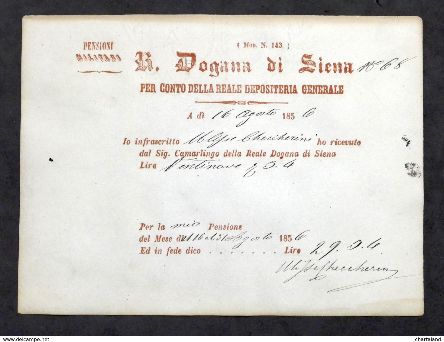 Ricevuta Ritiro Pensione Militare Dalla Reale Dogana Di Siena - 1856 - Documentos