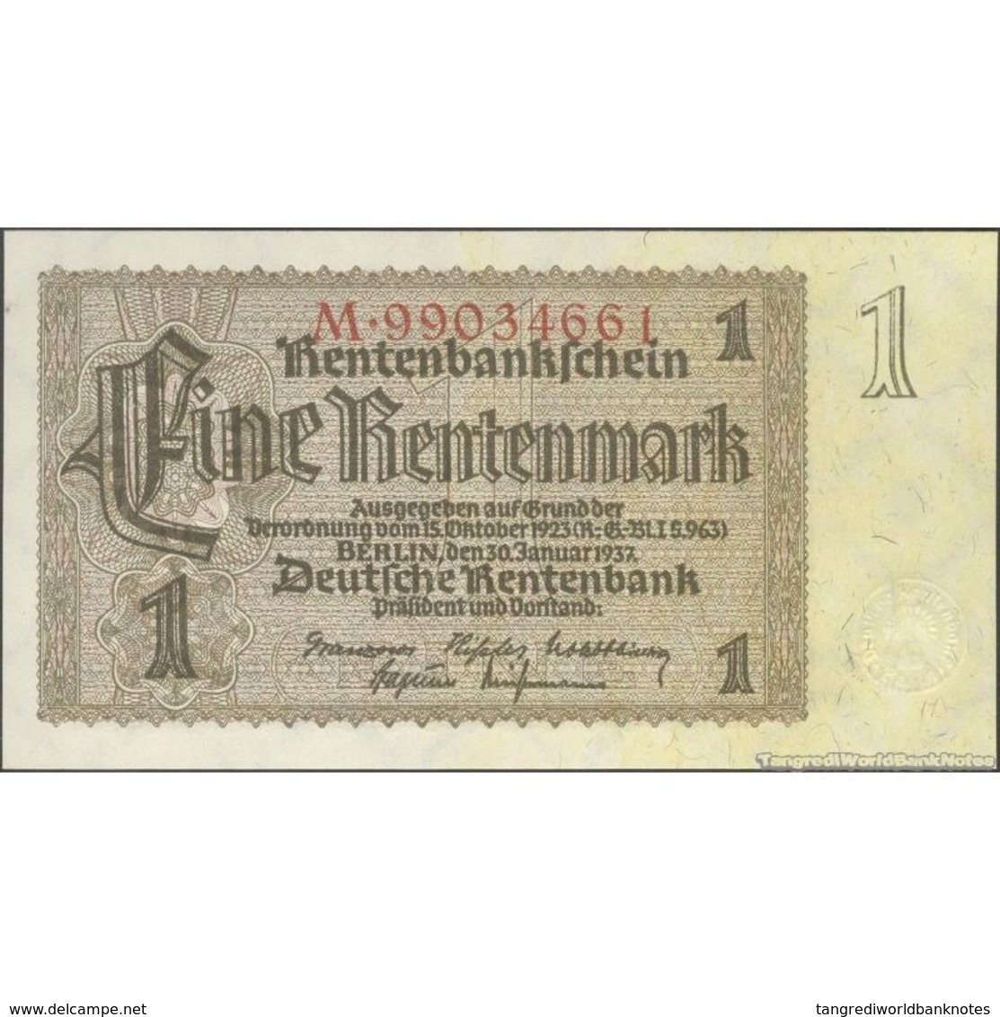 TWN - GERMANY 173b3 - 1 Rentenmark 30.1.1937 Prefix M UNC - Autres & Non Classés