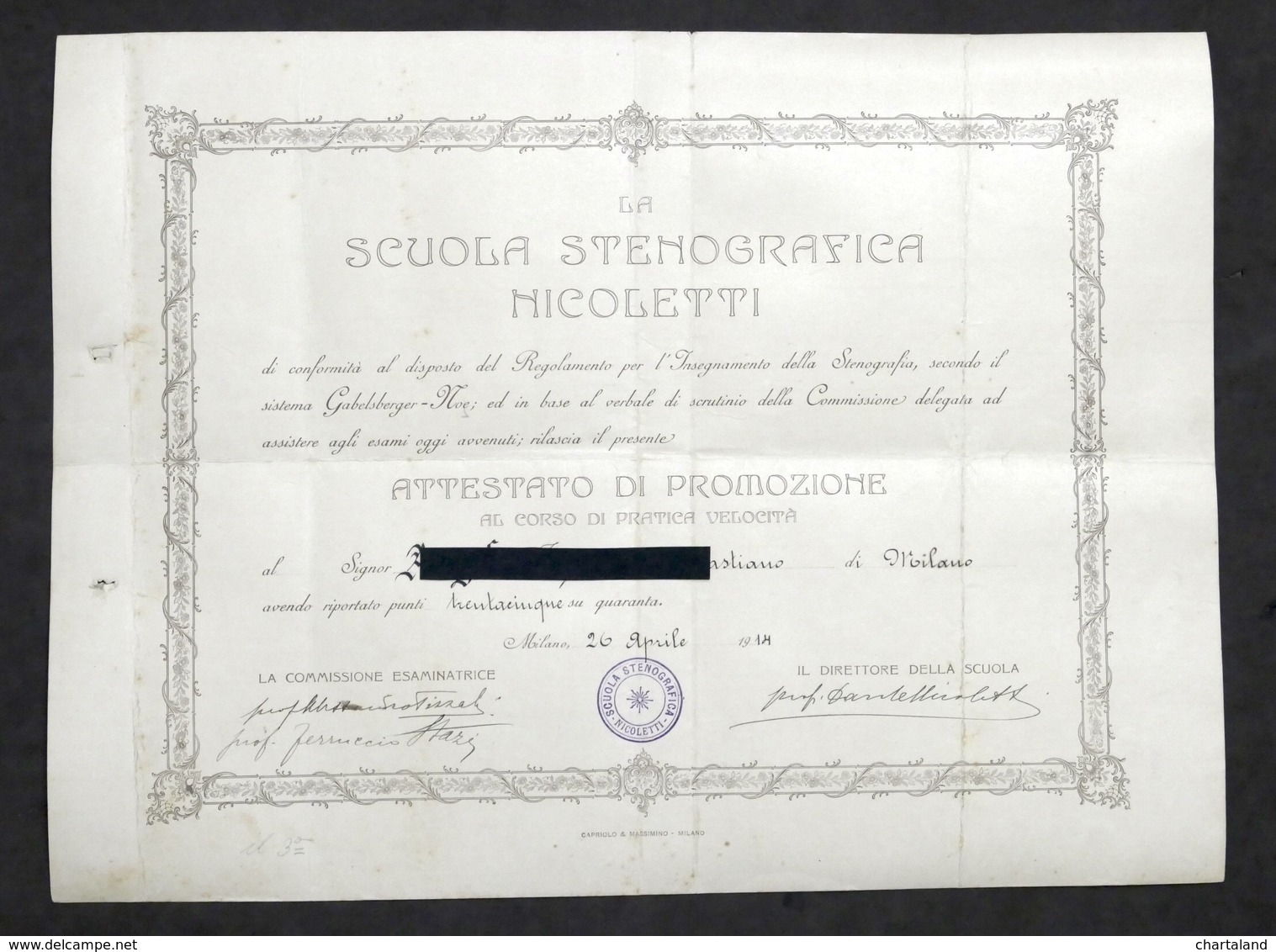 Stenografia - Scuola Stenografica Nicoletti - Attestato Di Promozione - 1914 - Non Classificati