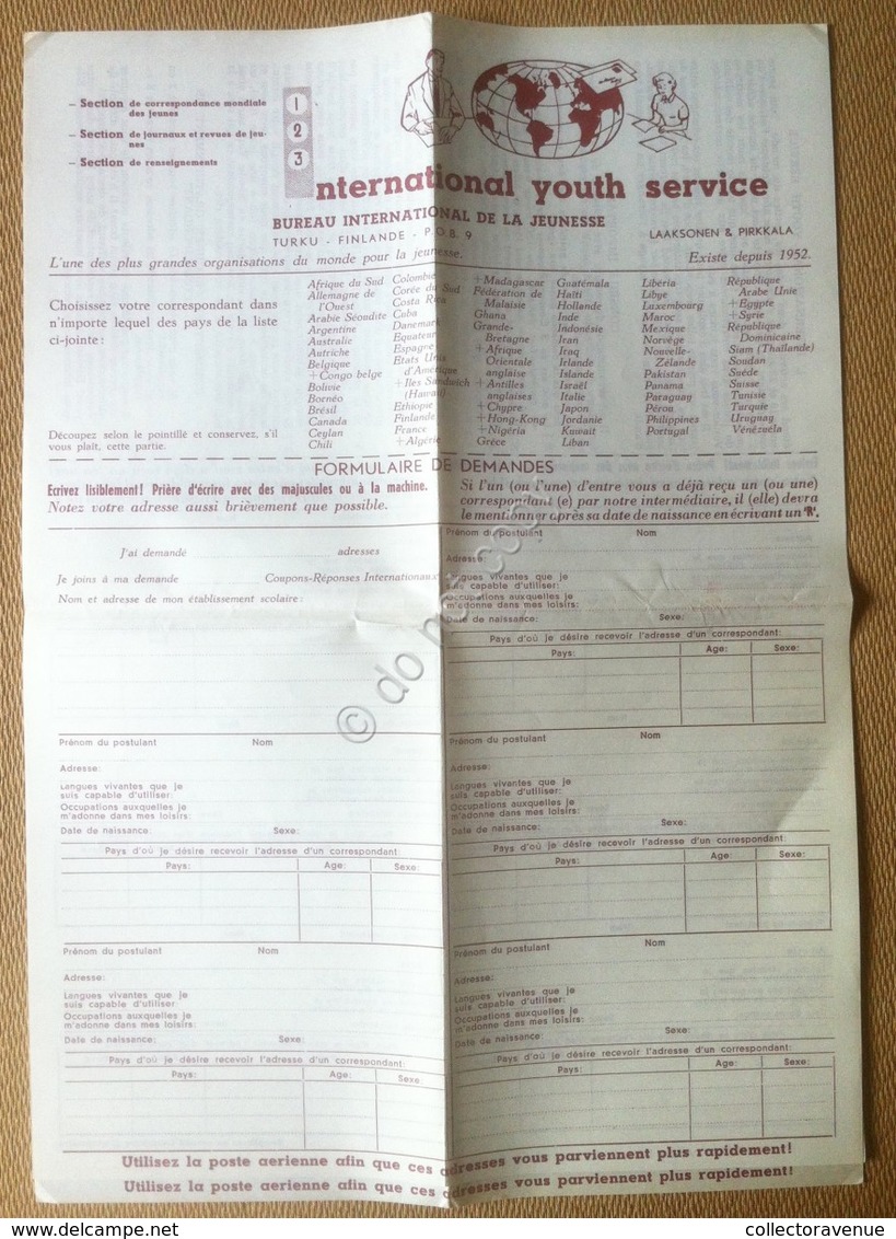 International Youth Service - Foglio D'ordine - Anni 60 - Non Classificati