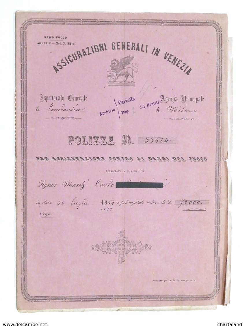 Polizza Contro Danni Del Fuoco - Assicurazioni Generali Venezia - 1864 - Non Classificati