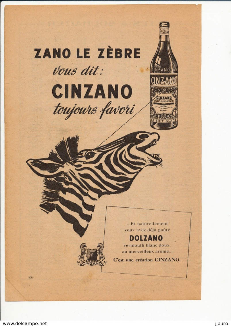 Pub Presse 1952 Publicité Cinzano Dolzano Zano Le Zèbre 226CH12 - Non Classés