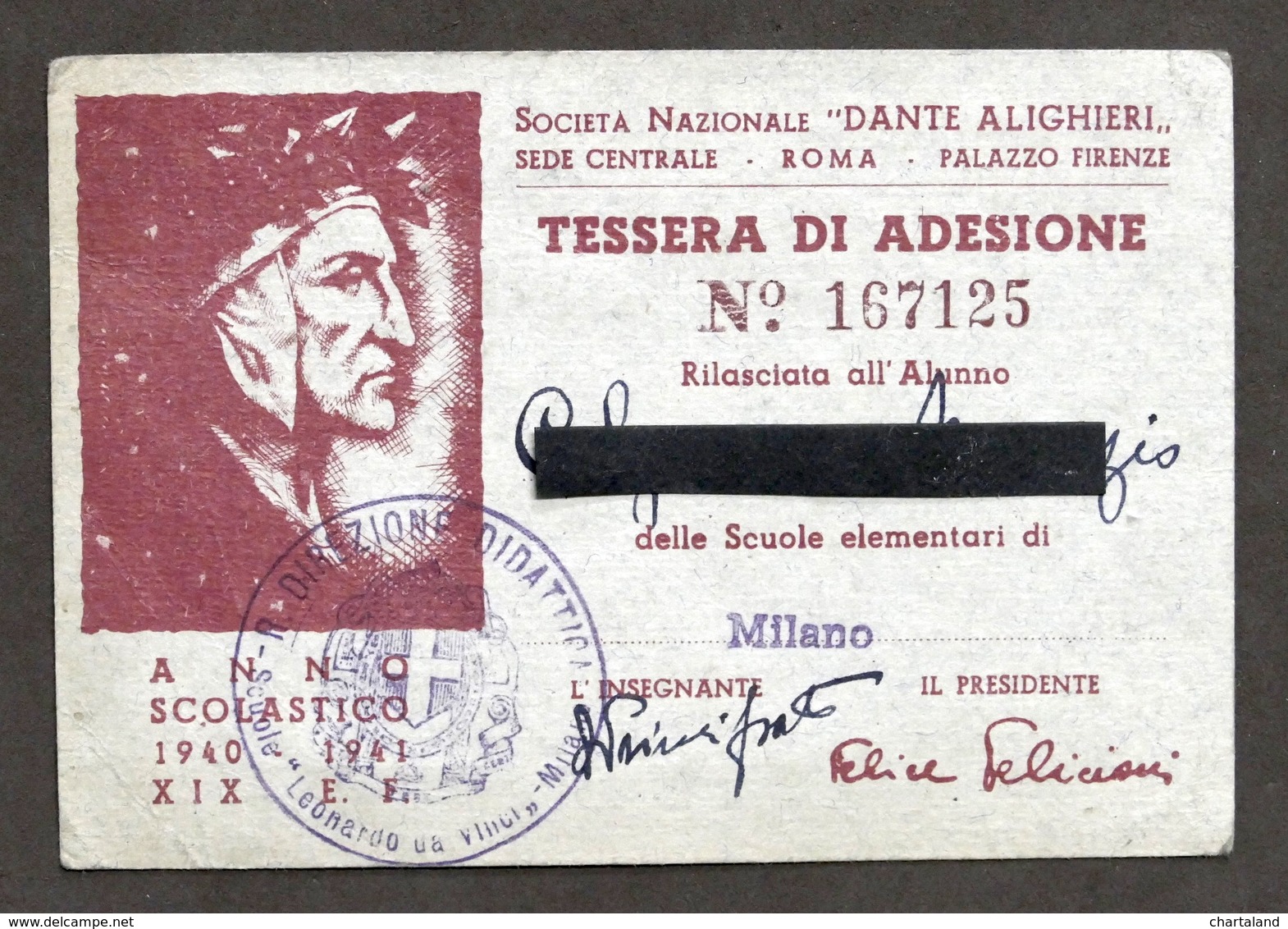 Tessera Di Adesione Società Nazionale Dante Alighieri - Anno 1940 - 1941 - Non Classificati