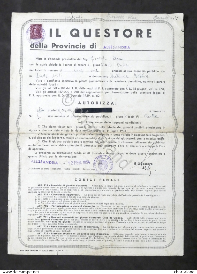 Questore Provincia Alessandria - Casale - Licenza Giochi Pubblico Esercizio 1954 - Non Classificati