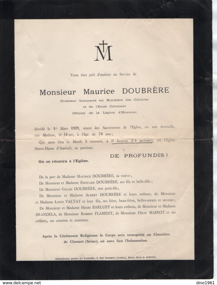 VP15.713 - AUTEUIL X CLAMART 1929 - Faire - Part De Décès De Mr Maurice DOUBRERE Directeur Au Ministère Des Colonies ... - Décès