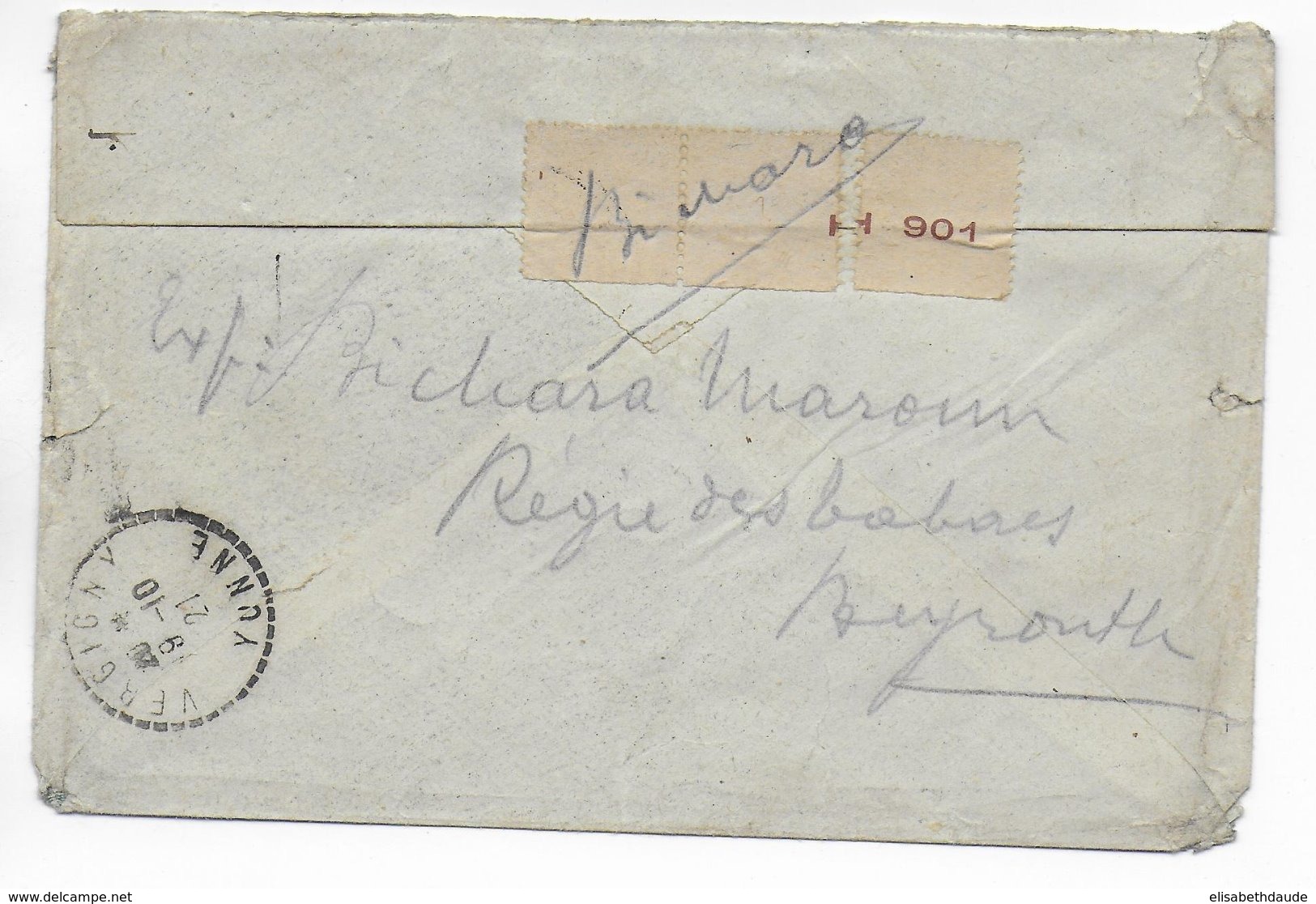 1921 - LIBAN - ENVELOPPE De BEYROUTH => VERGIGNY - SEMEUSE - Cartas & Documentos