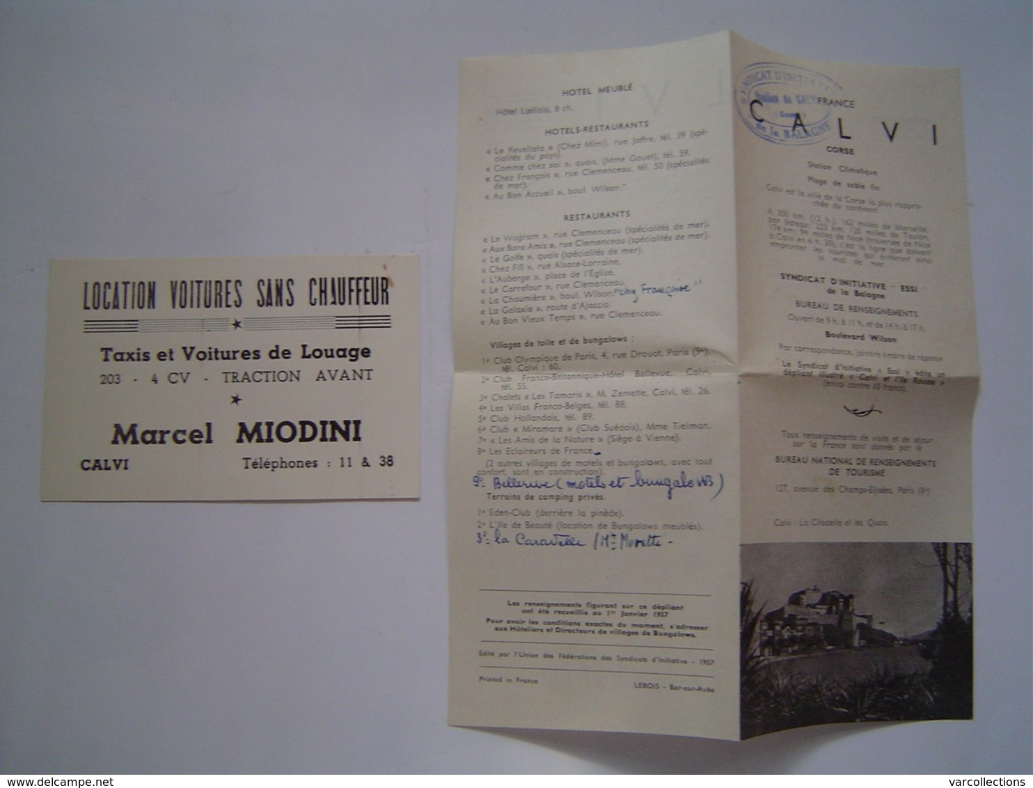 PUBLICITE 1957 : DEPLIANT TOURISME +  LETTRE + CARTE TAXI MIODINI / SYNDICAT INITIATIVE BALAGNE - CALVI / CORSE - Dépliants Touristiques