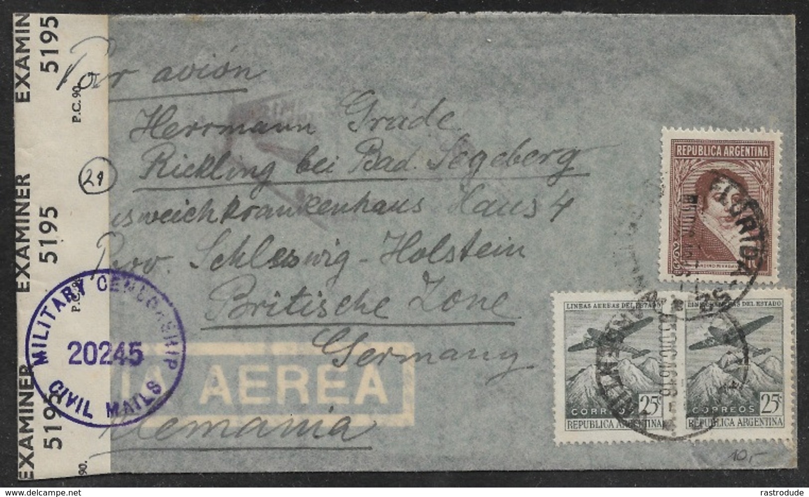 1946 ARGENTINA - To GERMANY BRITISH ZONE - CENSOR - MILITARY CENSORSHIP CIVIL MAIL - Storia Postale