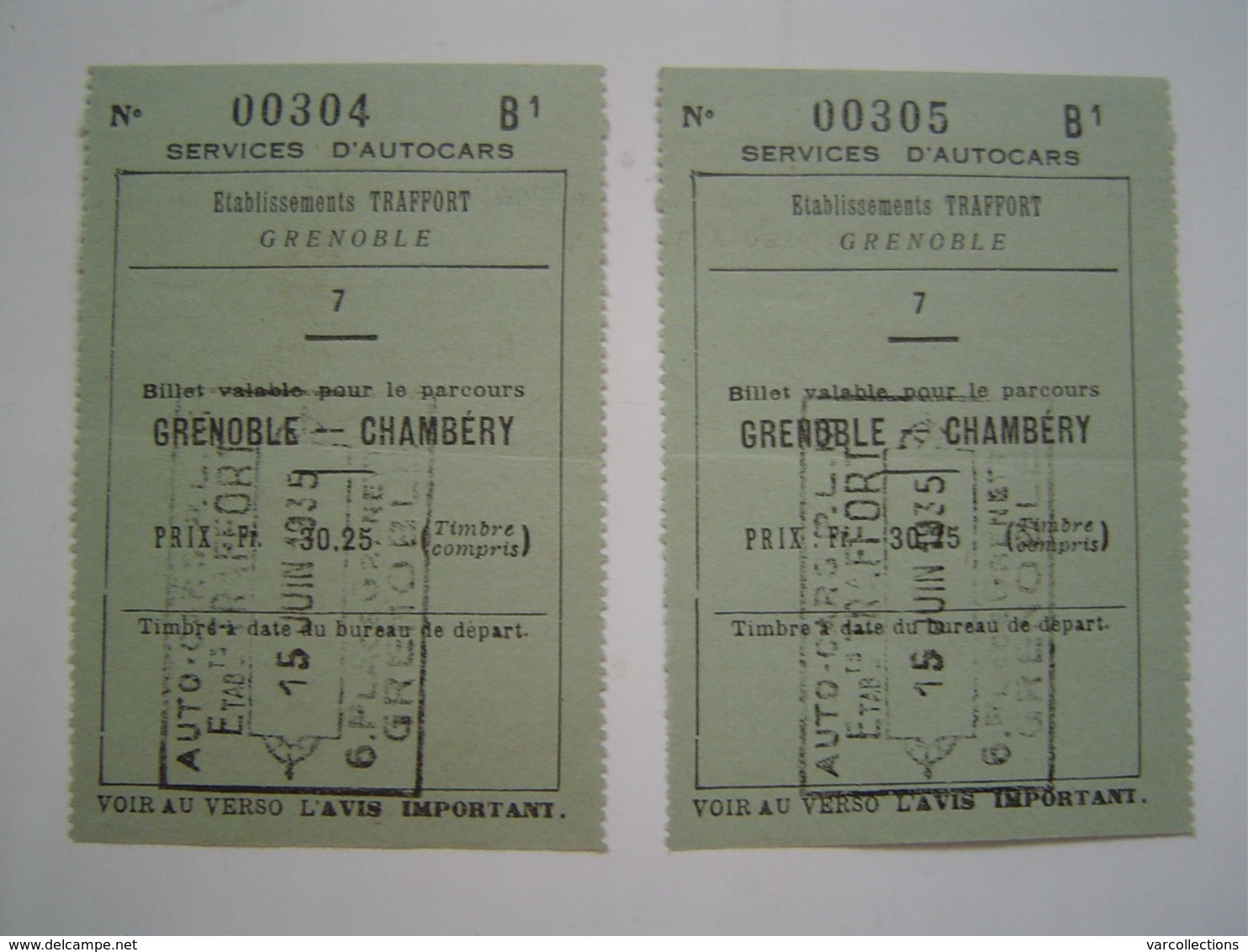 2 X TICKET 1935 : AUTOCARS PLM - TRAFFORT / GRENOBLE / Voyage GRENOBLE - CHAMBERY - Europa