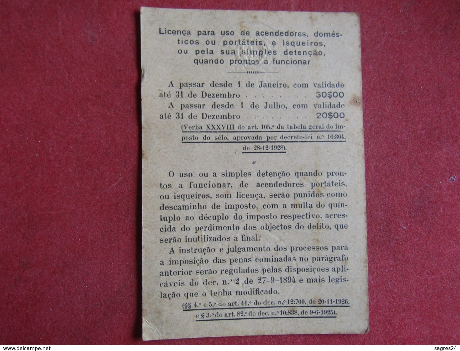 Licença Anual Para Uso De Acendedores E Isqueiros 1944 - Portugais Licence Pour L`Utilisation De Briquets - Non Classés