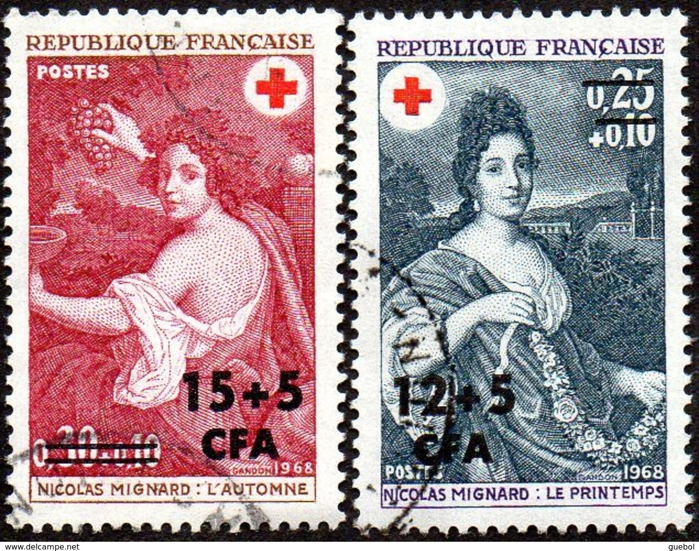 Réunion Obl. N° 381 Et 382 Croix Rouge 68 - Oeuvres De Nicolas Mignard - Usati