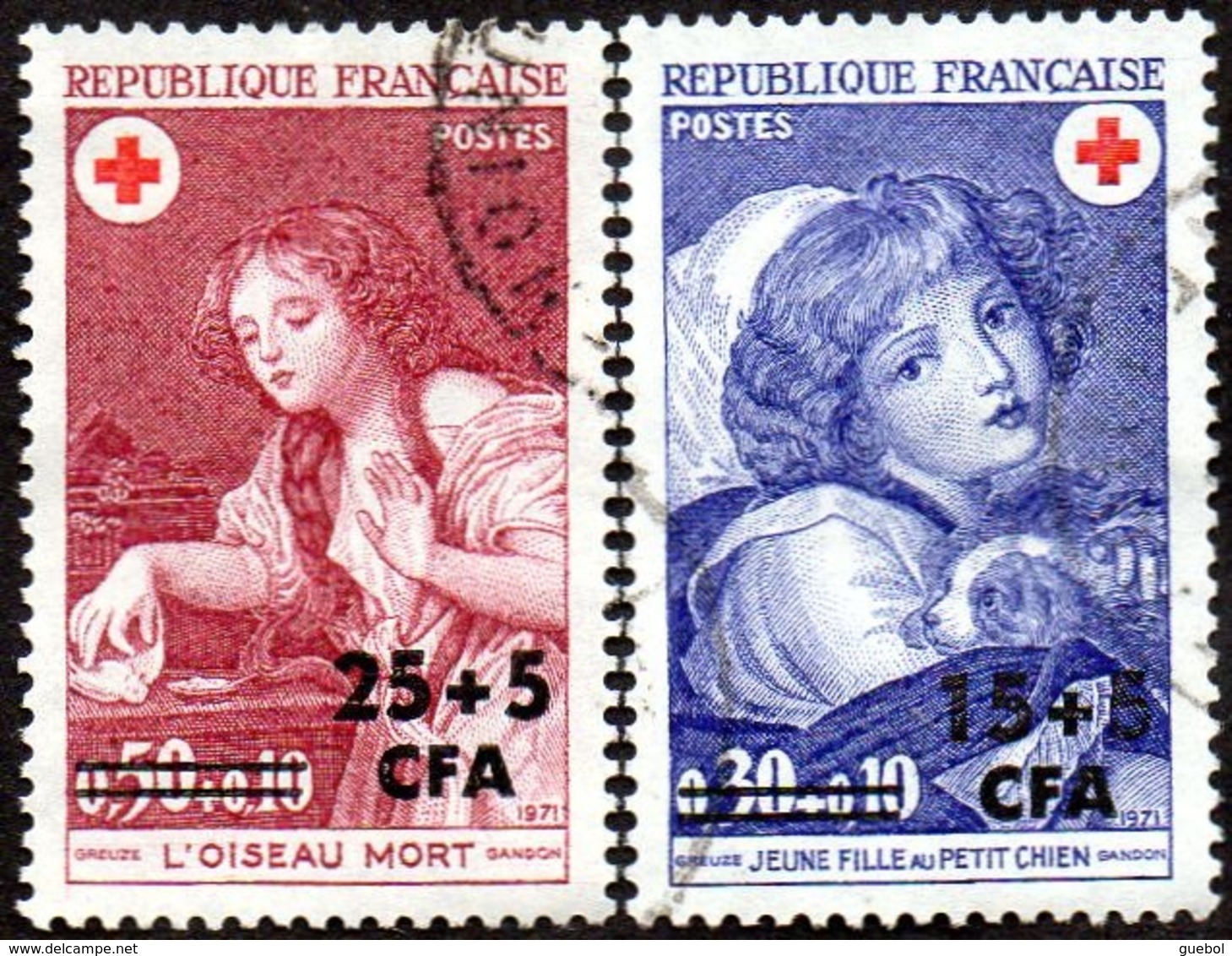 Réunion Obl. N° 404 Et 405 Croix Rouge 71 - Oeuvres De Greuze - Jeune Fille Au Petit Chien & L'Oiseau Mort - Usati