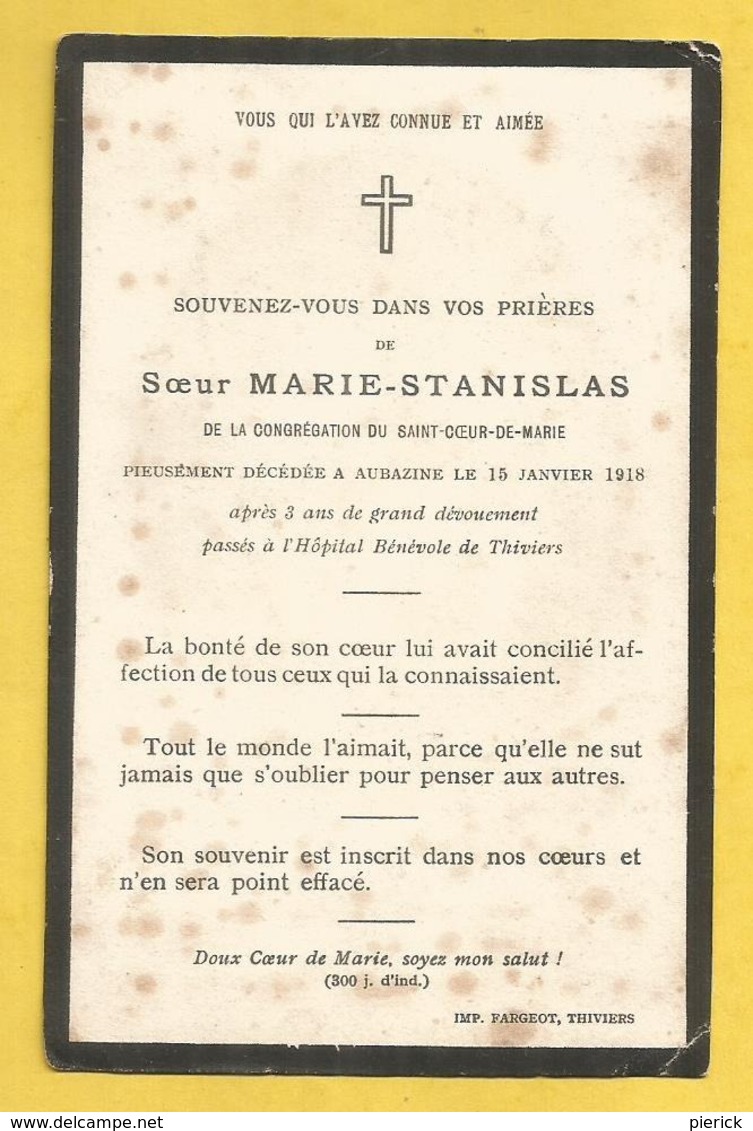 GENEALOGIE FAIRE PART DECES  SOEUR STANISLAS AUBAZINE THIVIERS - Décès