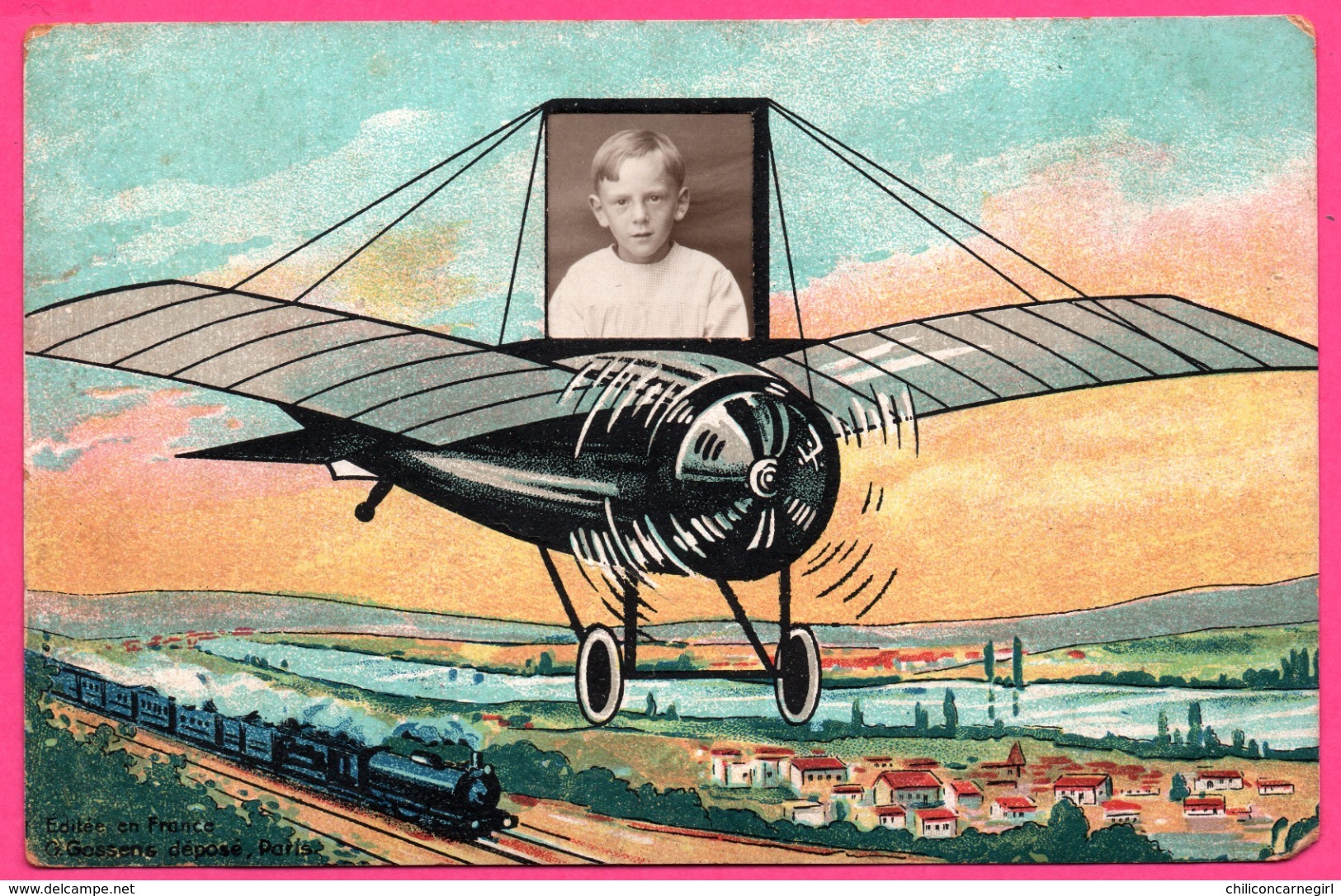 Aviation - Dessin Avion - Portrait Photo Enfant - Garçon - Montage - Edit. G. GOSSENS N° 2 - Photographie