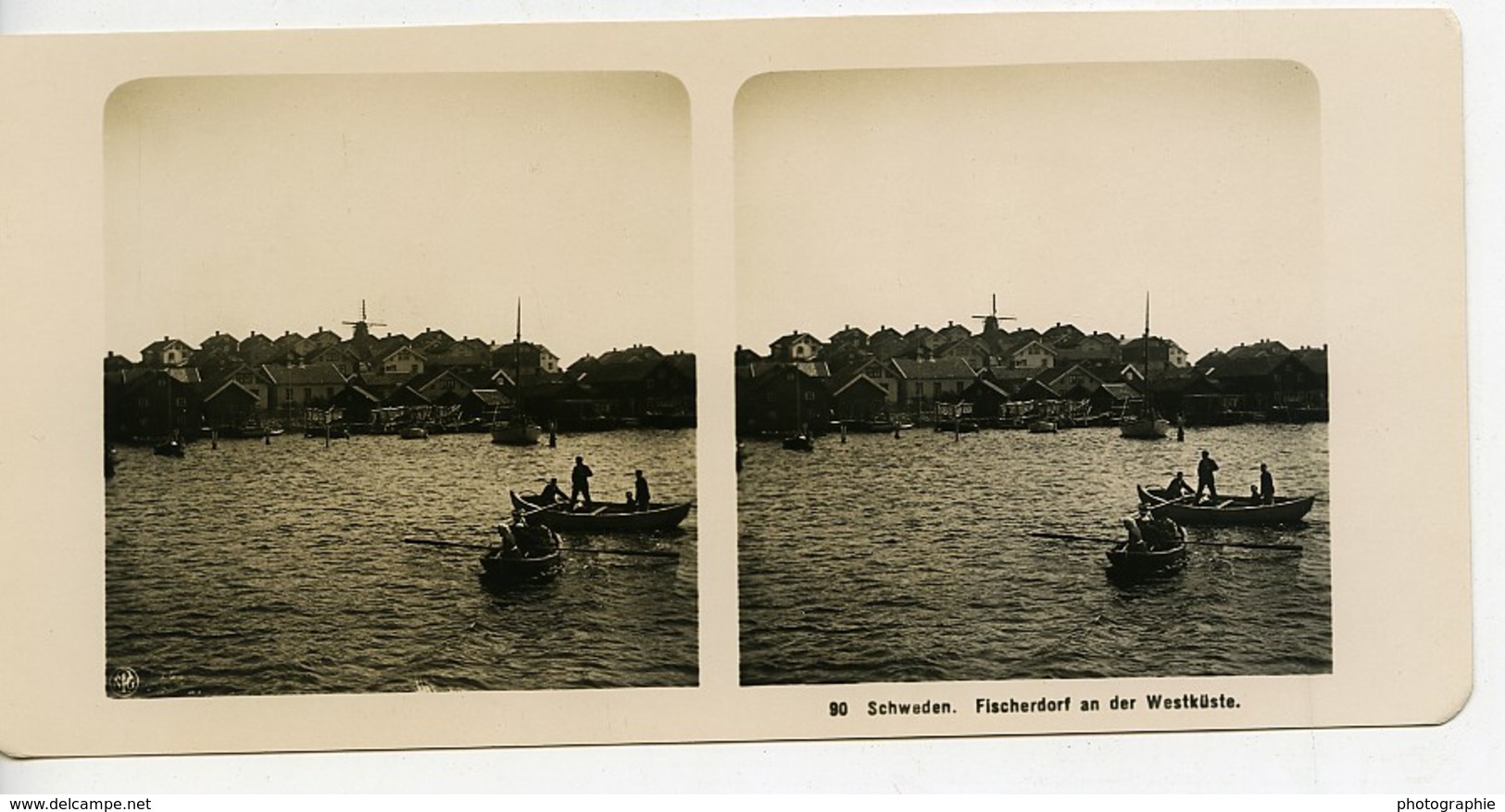 Suéde Cote Ouest Pecheurs Barques Ancienne Photo Stereo NPG 1900 - Photos Stéréoscopiques