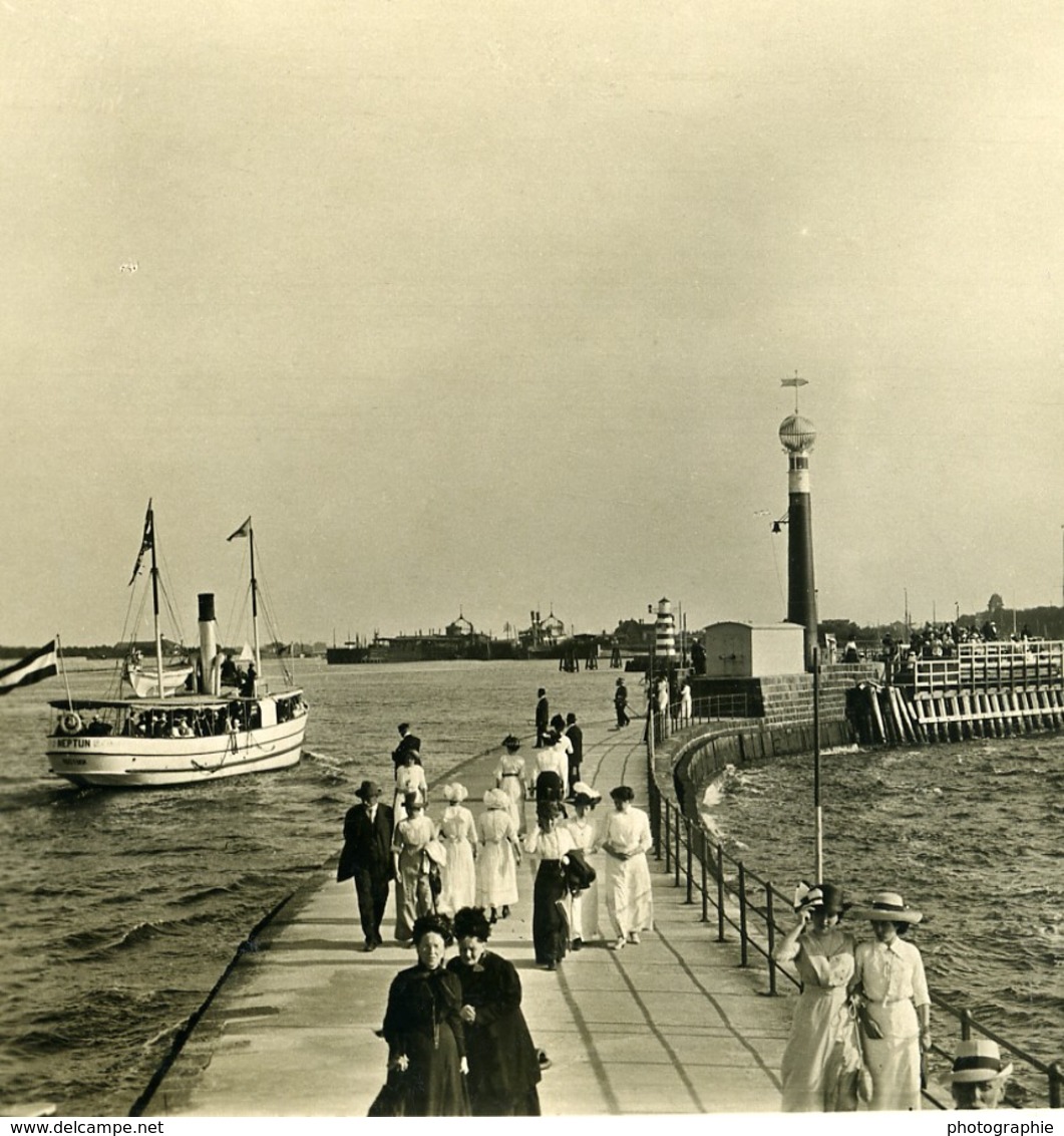 Allemagne Warnemünde Mole Et Le Phare Ancienne Photo Stereo NPG 1900 - Photos Stéréoscopiques