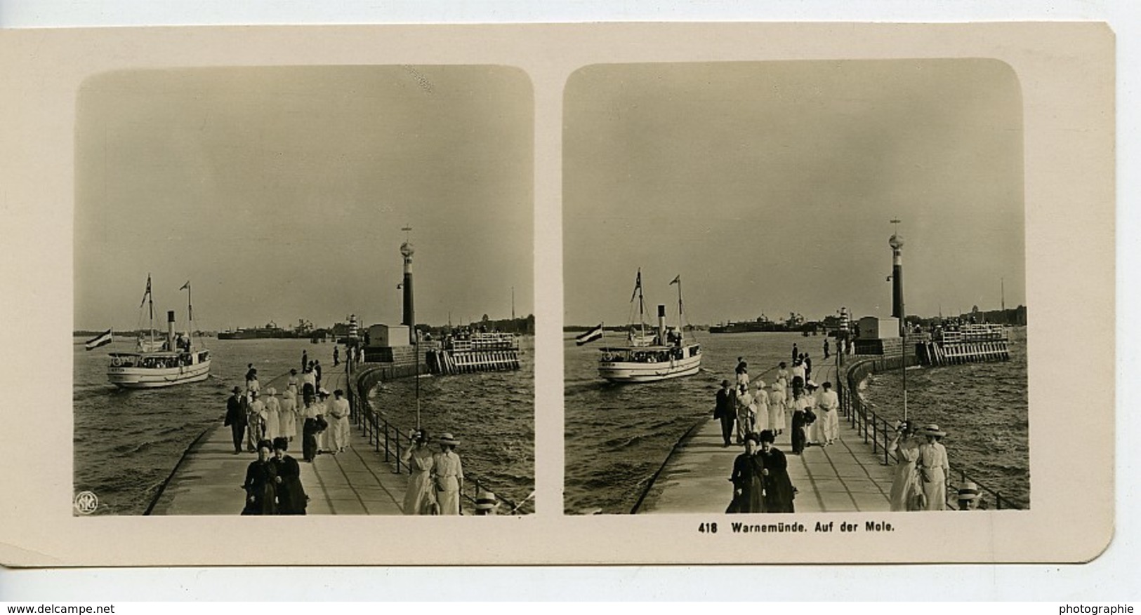 Allemagne Warnemünde Mole Et Le Phare Ancienne Photo Stereo NPG 1900 - Photos Stéréoscopiques