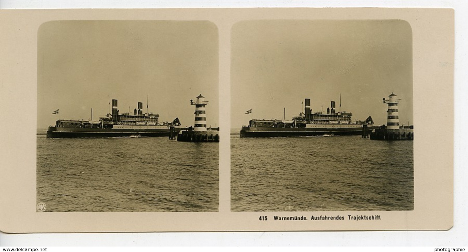 Allemagne Warnemünde Bateau Et Le Phare Ancienne Photo Stereo NPG 1900 - Photos Stéréoscopiques