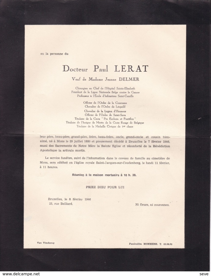 MONS BRUXELLES Docteur Paul LERAT Veuf DELMER 1880-1946 Chirurgien Hôpital Ste-Elisabeth Uccle 2 Volets Complets Ok - Obituary Notices