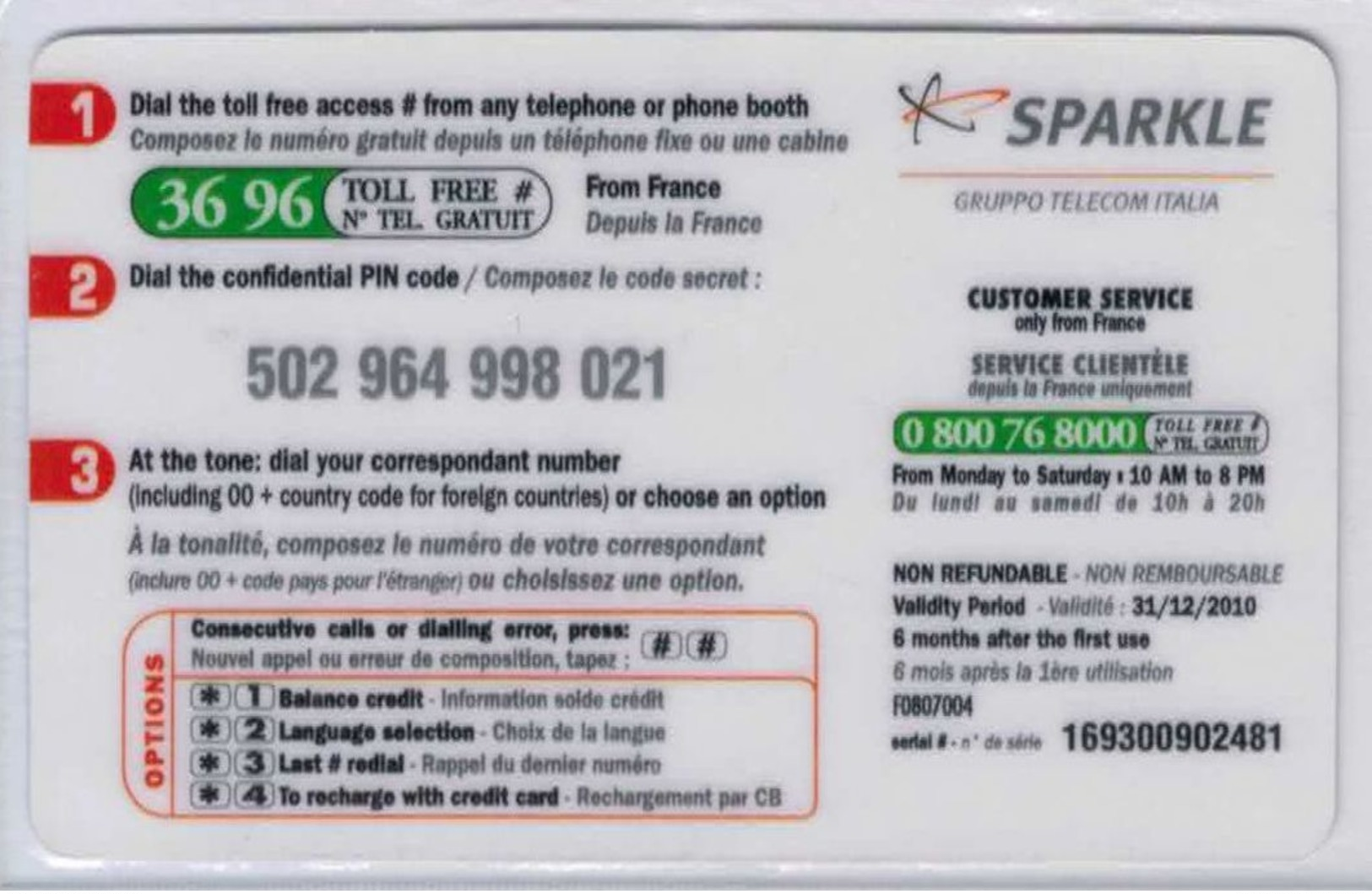 SPARKLE - Gruppo Telecom Italia - Arc De Triomphe - 10 € - Voir Scans - Autres & Non Classés