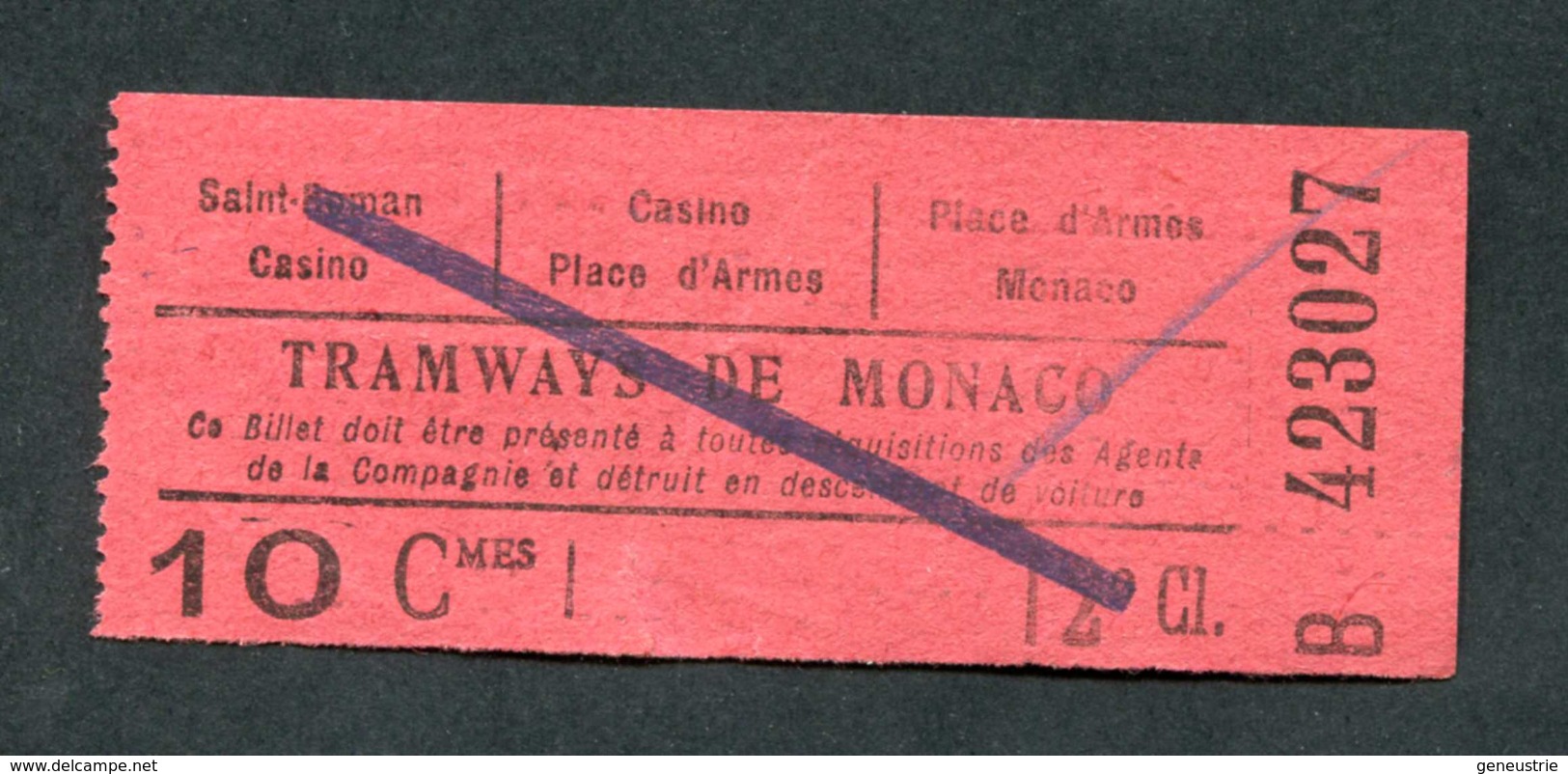 Ticket Billet De Tramway Début XXe "Tramways De Monaco / 10Cmes" Tram - Europe