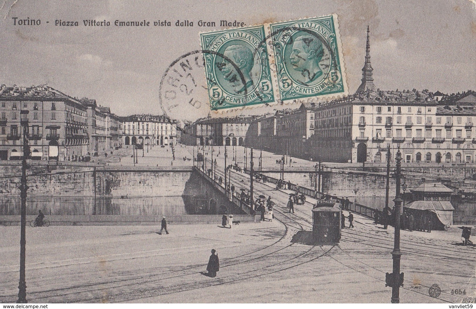 TORINO-PIAZZA VITTORIO EMANUELE VISTA DALLA GRAN MADRE-TRAM-CARTOLINA VIAGGIATA IL 27-5-1911 - Piazze