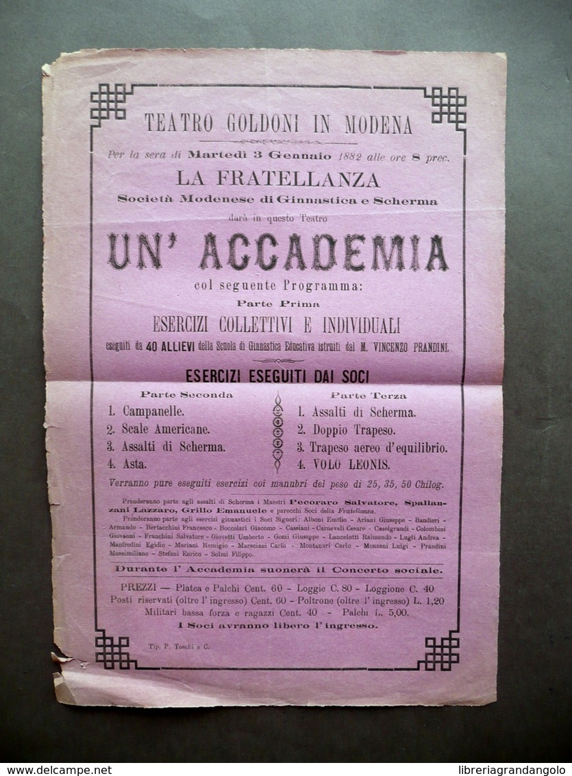 Volantino La Fratellanza Esercizi Ginnastica Trapezio Volo Teatro Goldoni 1882 - Zonder Classificatie