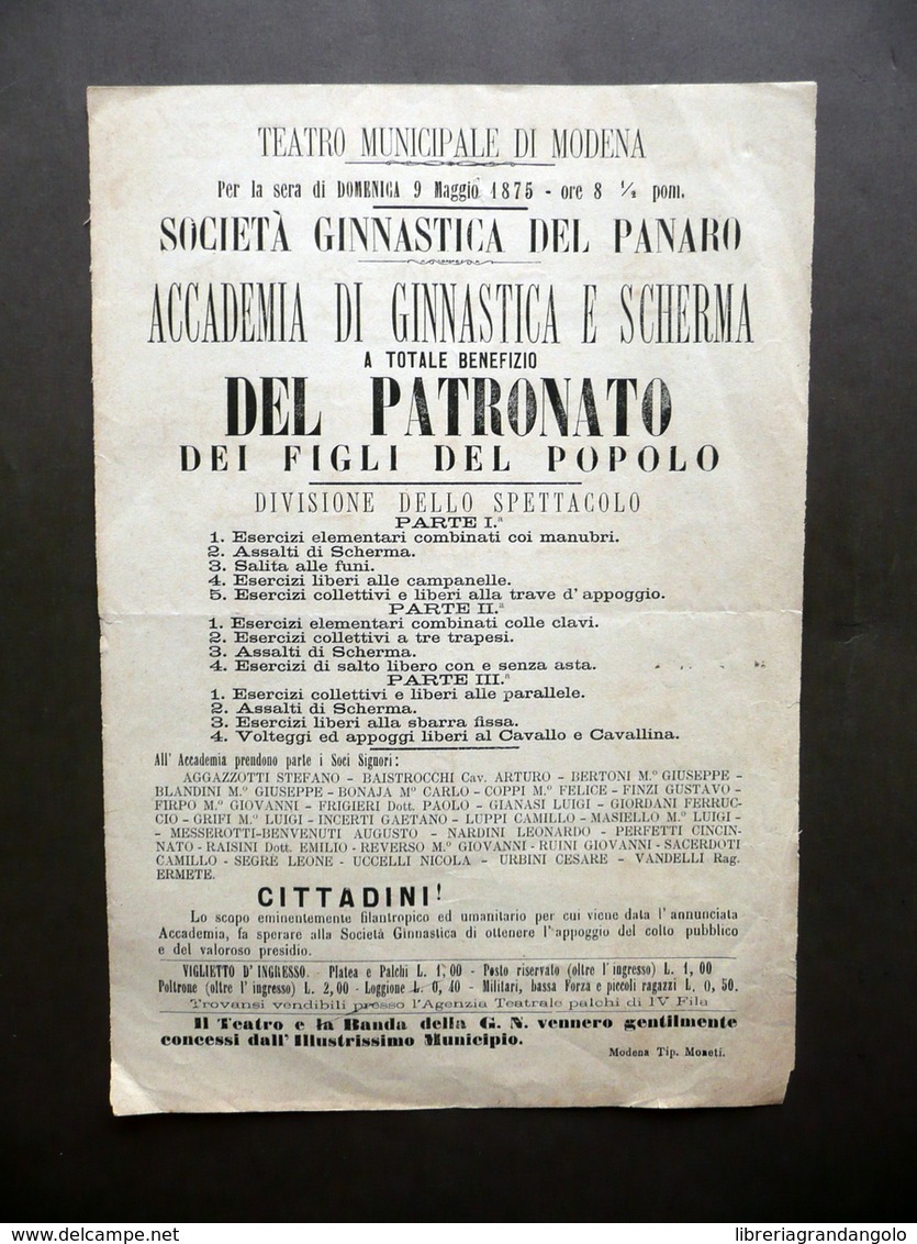 Volantino Società Ginnastica Panaro Modena Esercizi Teatro Municipale 1875 - Non Classificati