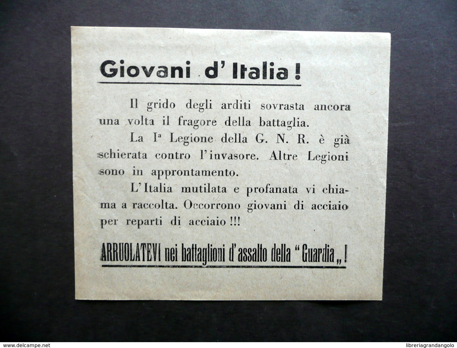 Volantino RSI Giovani D'Italia! GNR Arruolamento Arditi Battaglioni Guardia WW2 - Non Classificati