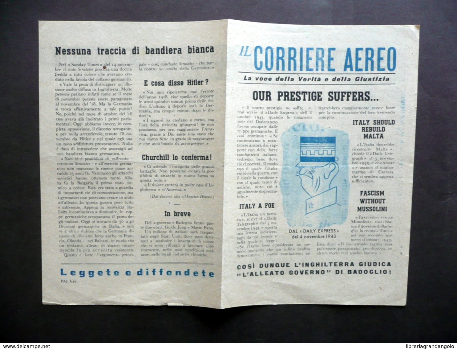 Volantino RSI Il Corriere Aereo Nessuna Traccia Di Bandiera Bianca PAJ I/49 WW2 - Non Classificati