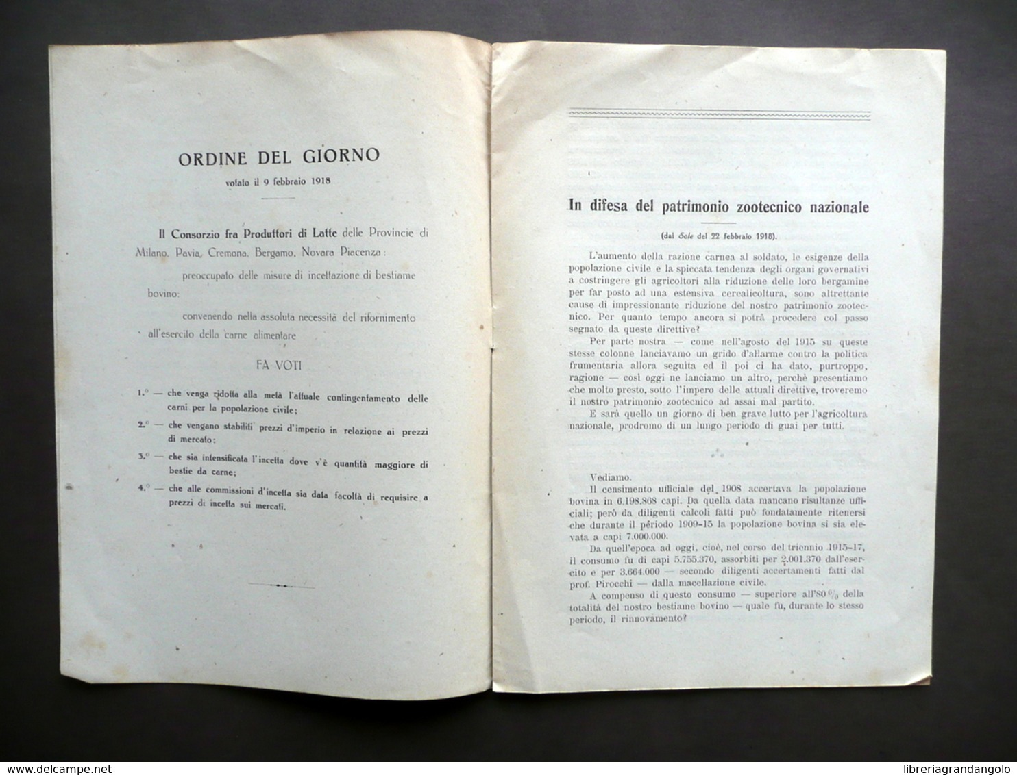 Sulla Difesa Del Patrimonio Zootecnico Nazionale Milano 1918 Razionamento Carne - Non Classificati