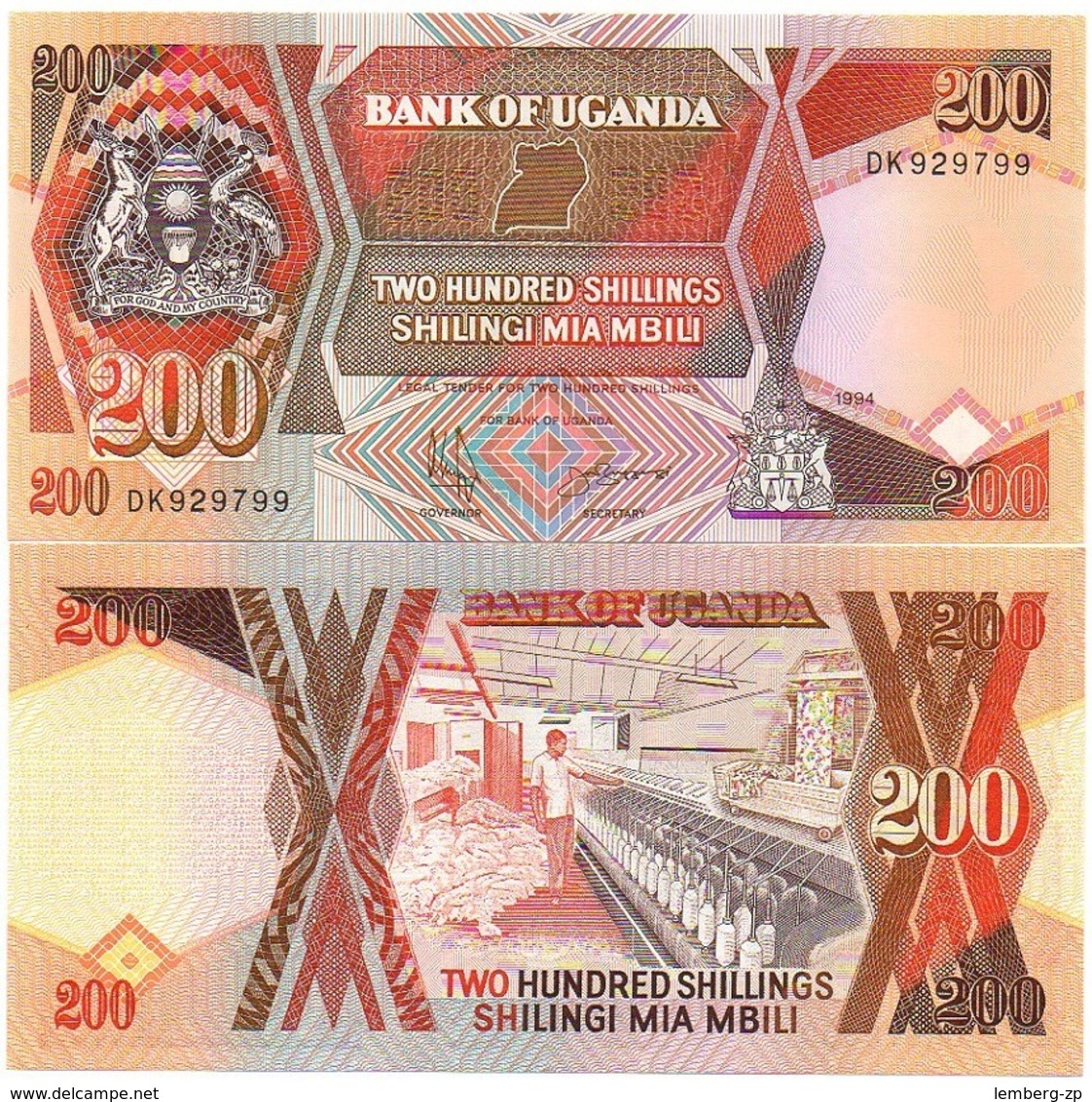 Uganda - 200 Shililngs 1994 AUNC Lemberg-Zp - Oeganda