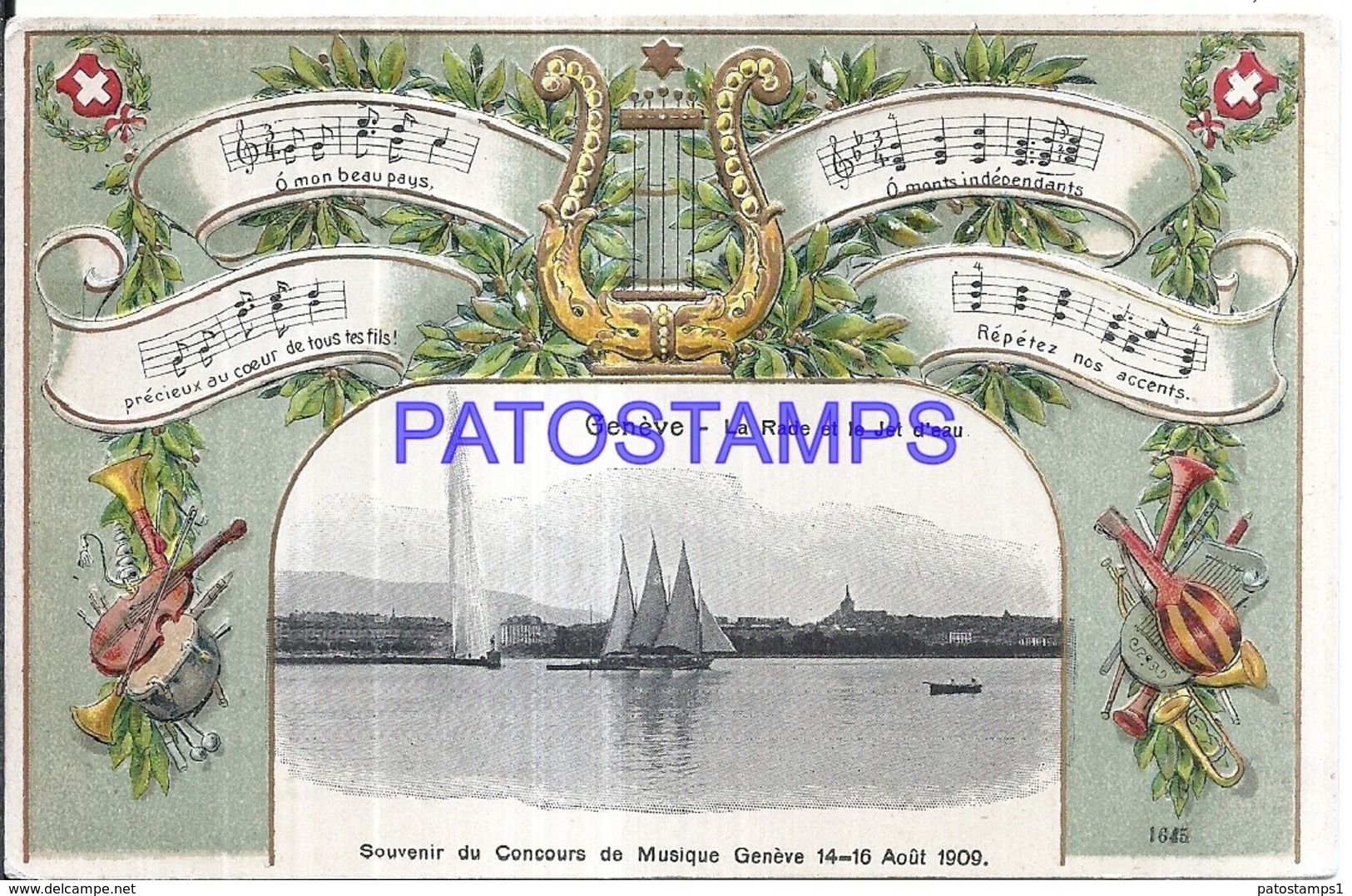 120027 SWITZERLAND GENEVE ART EMBOSSED HERALDRY & HARP RADE AND JET D'EAU POSTAL POSTCARD - Genève