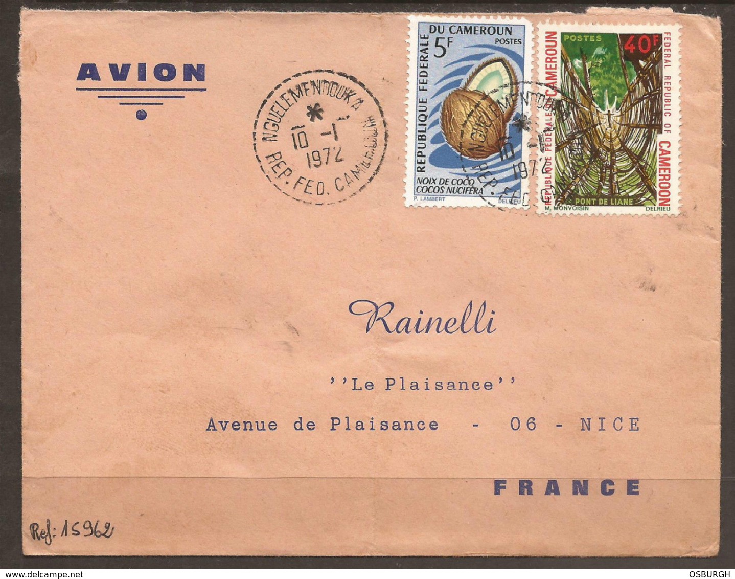 CAMEROON. 1972. AIR MAIL COVER. NGUELEMENDOUKA POSTMARK. MISSING BACK FLAP. - Cameroon (1960-...)