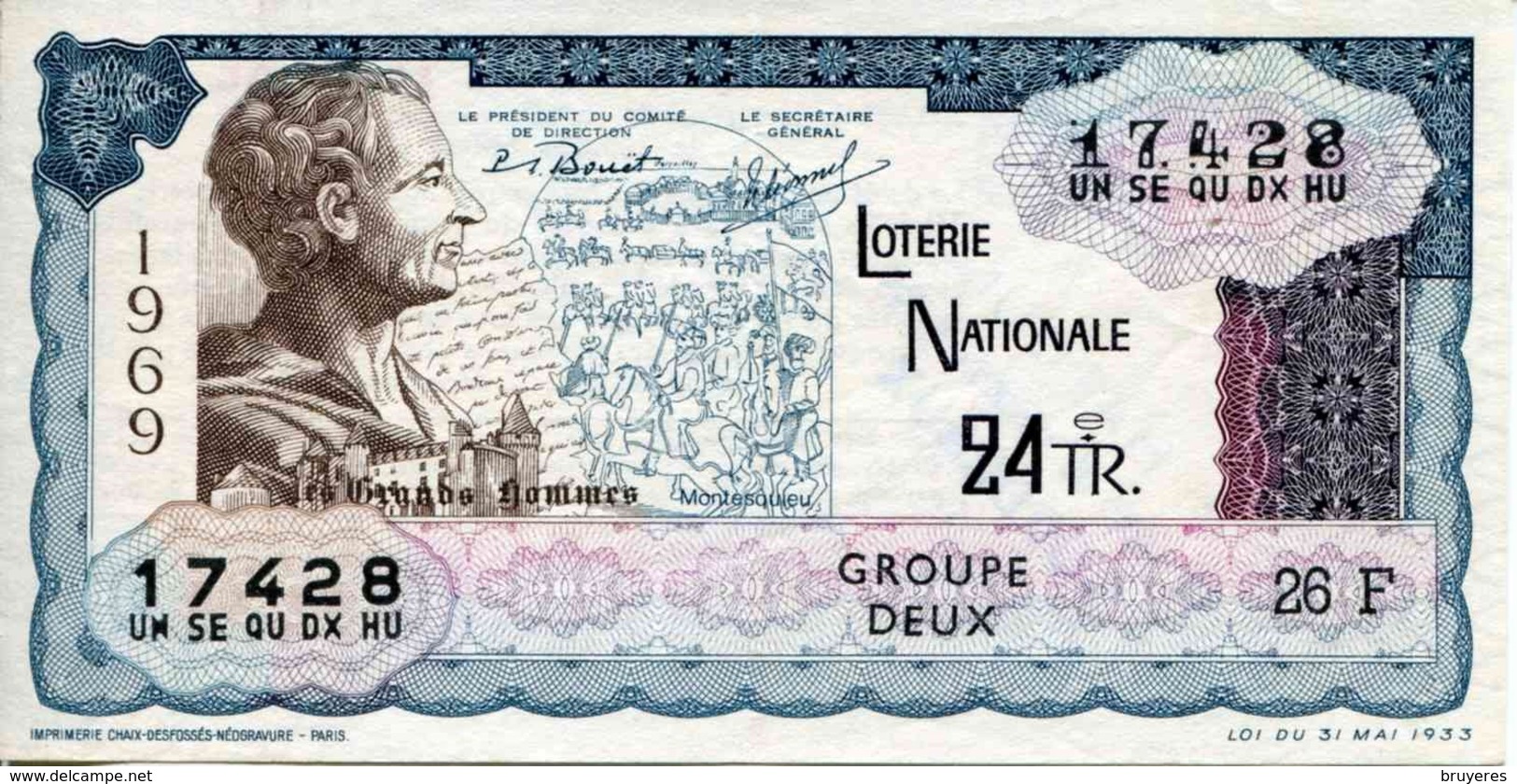 BILLET DE LOTERIE De 1969 Sur Le Thème "Grands Hommes : MONTESQUIEU" - Billets De Loterie