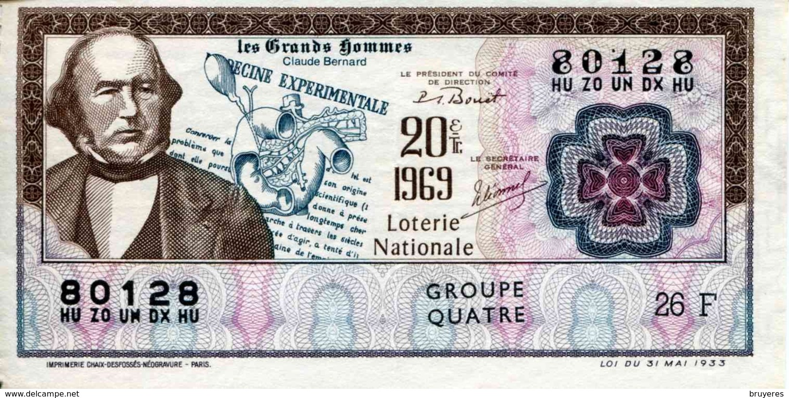 BILLET DE LOTERIE De 1969 Sur Le Thème "Les Grands Hommes : CLAUDE BERNARD (Mèdecine Expérimentale)" - Billets De Loterie