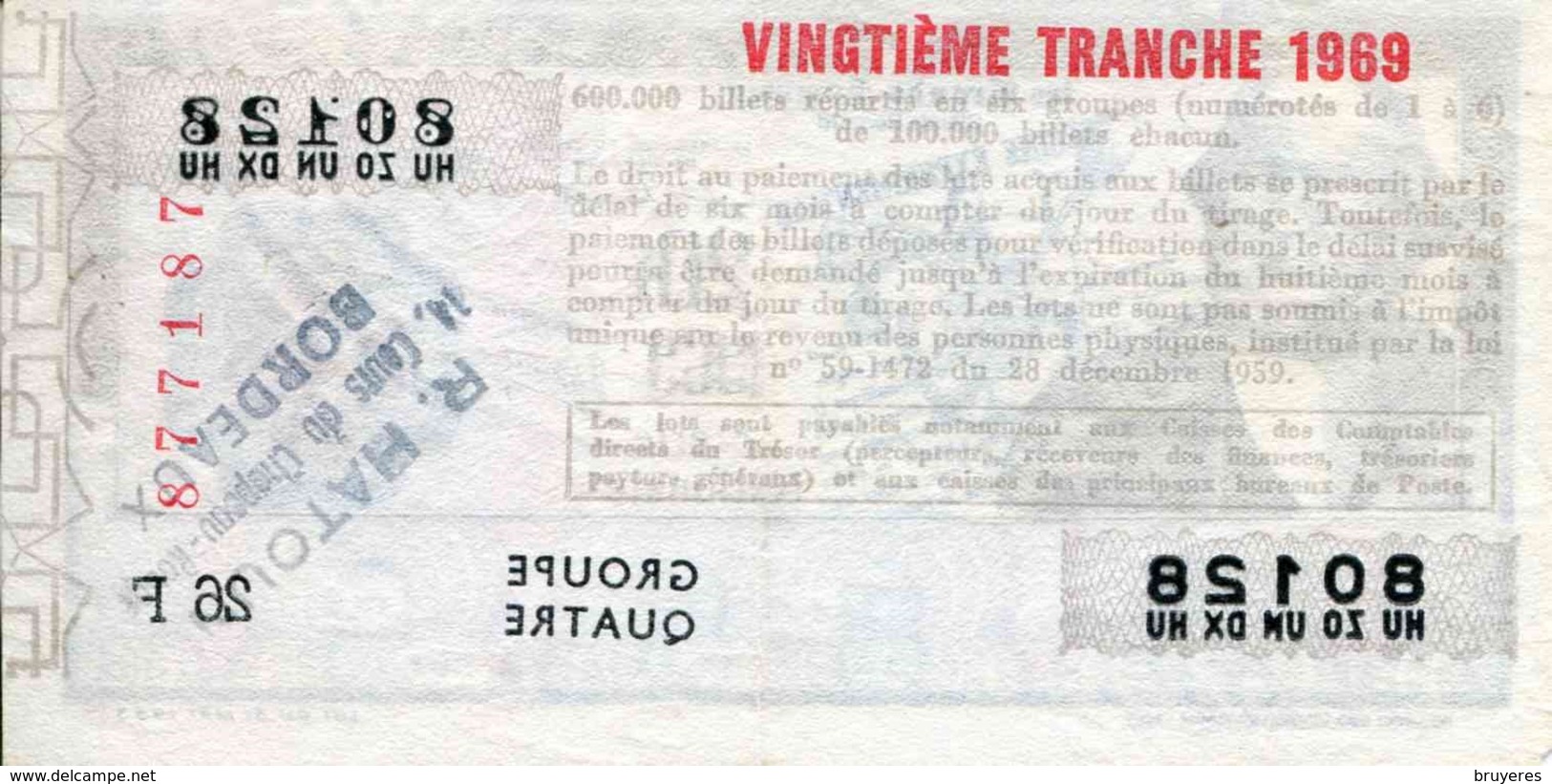 BILLET DE LOTERIE De 1969 Sur Le Thème "Les Grands Hommes : CLAUDE BERNARD (Mèdecine Expérimentale)" - Billets De Loterie