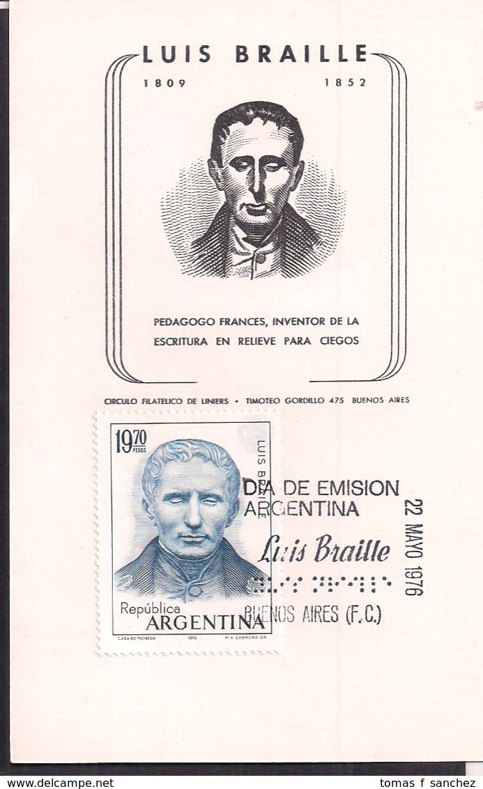 Argentina - 1976 - FDC - Luis Braille. Pédagogue Français, Inventeur De L'écriture De Secours Pour Les Aveugles - Sonstige & Ohne Zuordnung