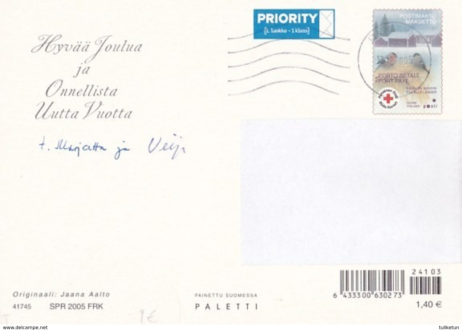 Postal Stationery - Birds - Bullfinches In Winter Landscape - Red Cross 2005 - Suomi Finland - Postage Paid - Aalto - Postal Stationery