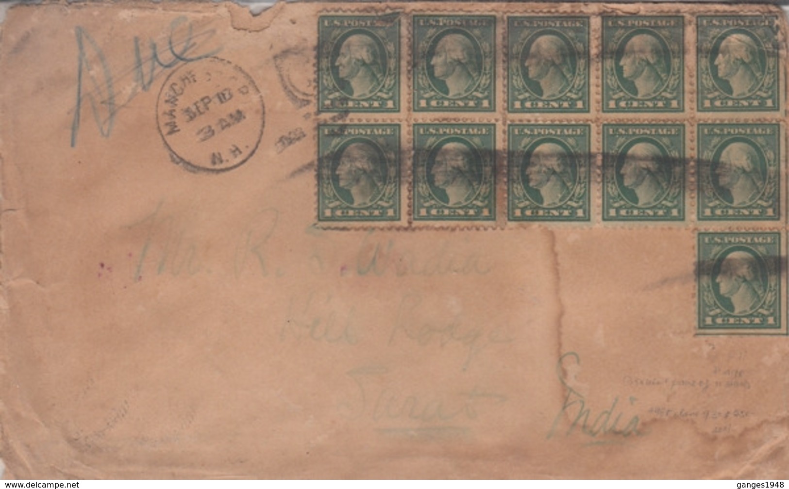 United States 1910  Multifranked  Cover Posted  To  India #  22361 D  Indien Inde - Covers & Documents