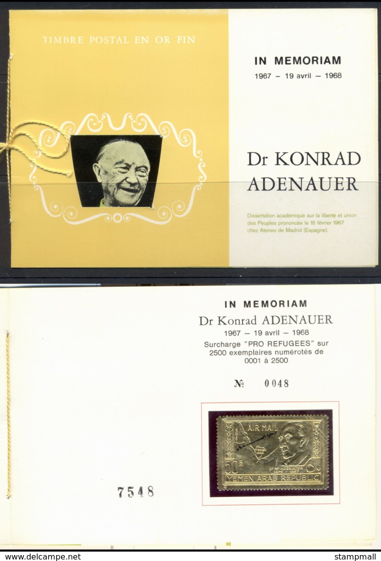 Yemen 1968 Mi#741 Konrad Adenauer Opt Refugee Relief Gold Foil Embossed In Presentation Folder - Jemen