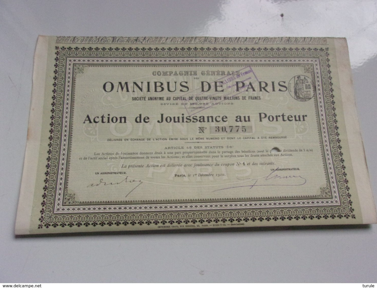 Compagnie Générale Des OMNIBUS DE PARIS (1910) - Autres & Non Classés