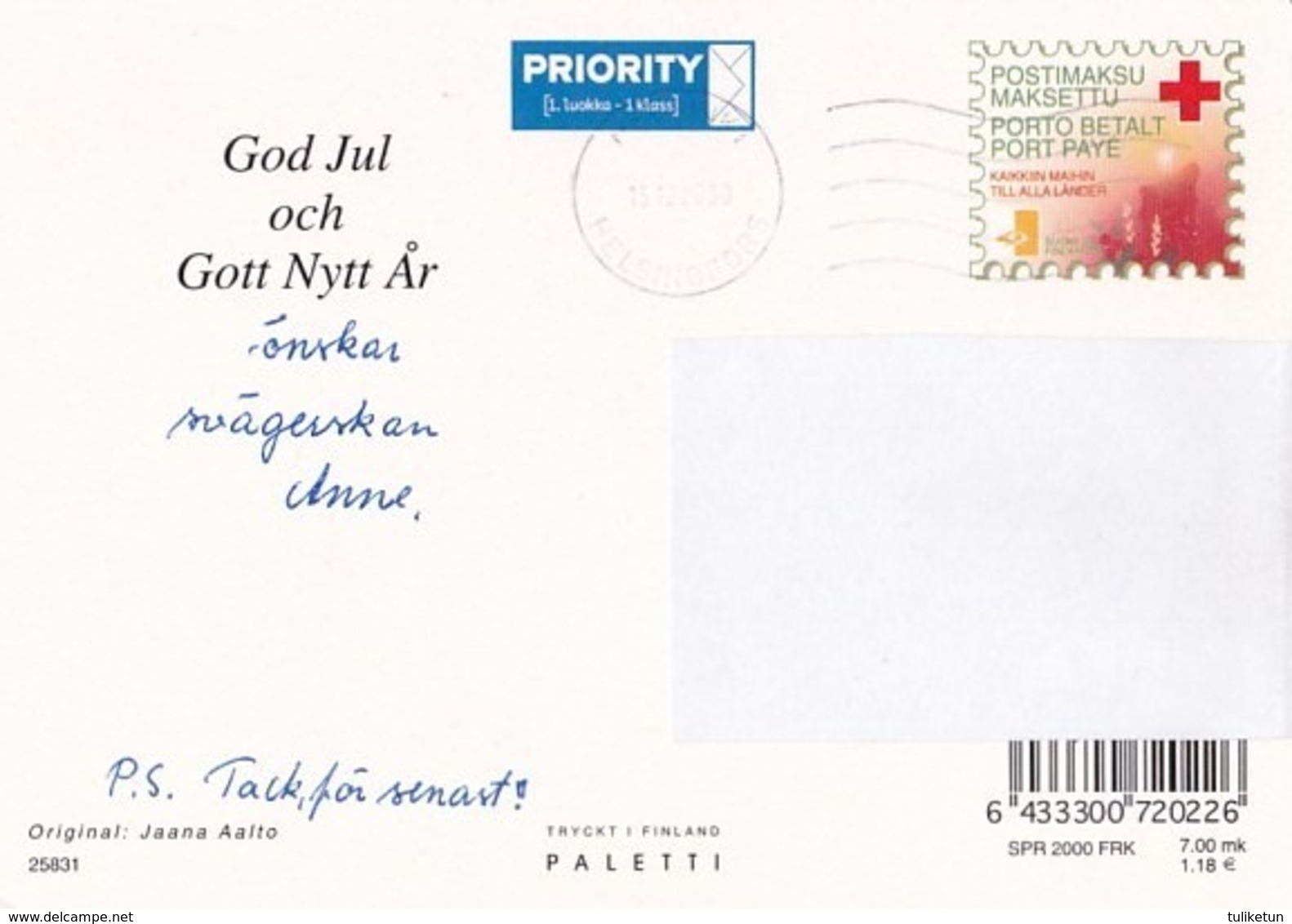 Postal Stationery - Birds - Bullfinches In Winter Landscape - Red Cross 2000 - Suomi Finland - Postage Paid - Postal Stationery