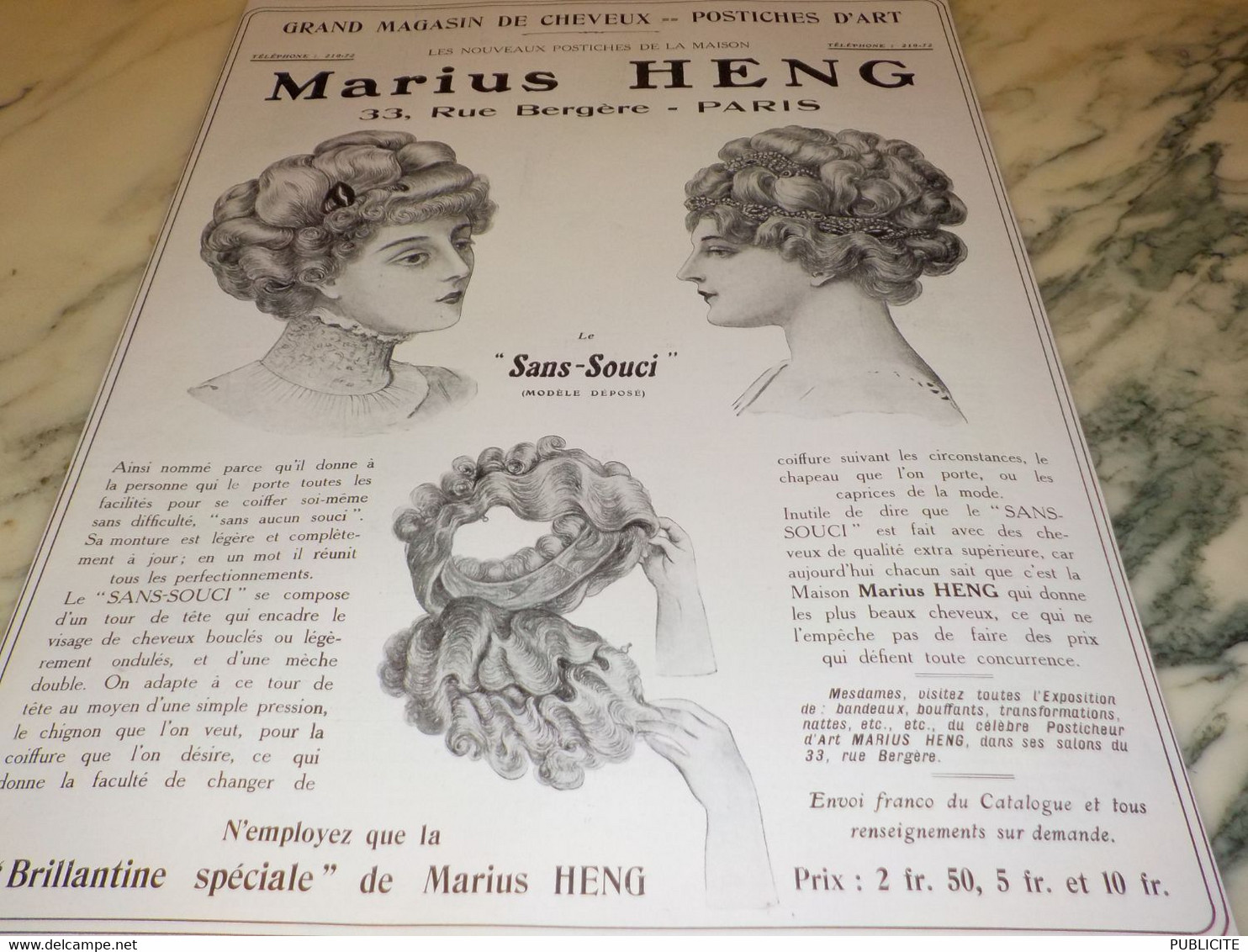 ANCIENNE PUBLICITE LE SANS SOUCI COIFFURE DE MARIUS HENG 1910 - Accessoires