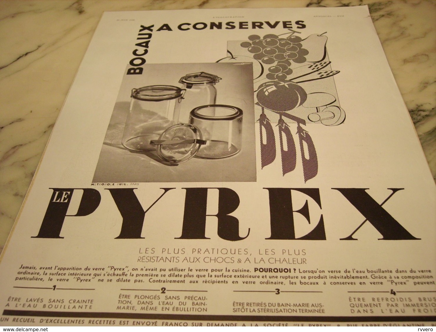 ANCIENNE PUBLICITE LES BOCAUX  PYREX 1935 - Affiches