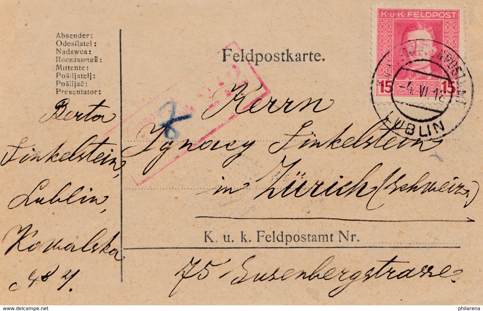 Feldpostkarte 1918, KuK Feldpost Lublin Nach Zürich, Zensiert Feldkirch - Sonstige - Europa