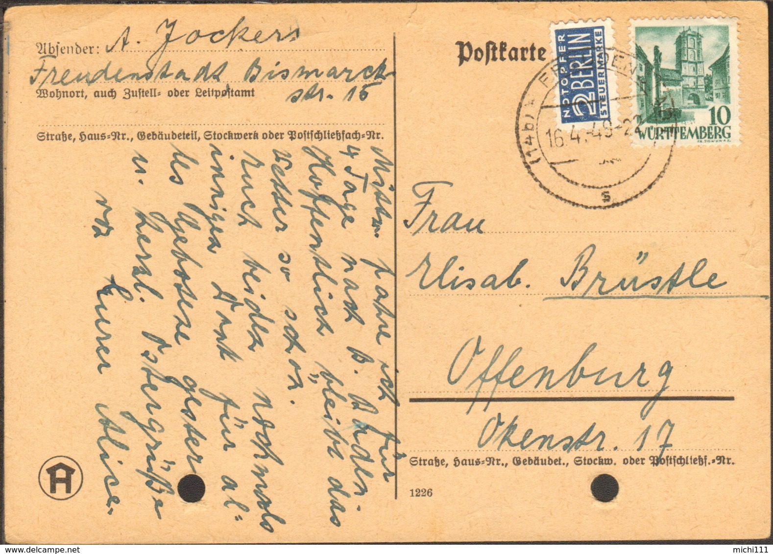 Frz.Zone Württemberg 10 Pfg.Persönlichkeiten/Ansichten Auf Postkarte V.1949 Aus Freudenstadt Mit Notopfer - Sonstige & Ohne Zuordnung