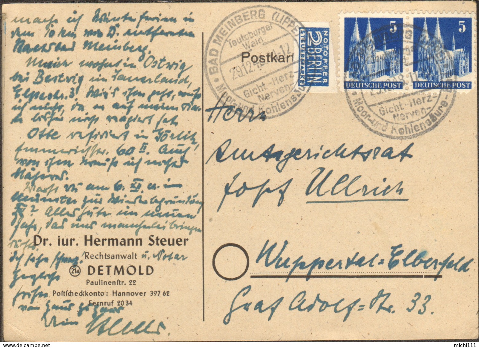 Bizone 2 X 5 Pfg.Bauten M.Notopfer Geschn. V.12/48 Auf Postkarte M.Ortswerbestempel Von Bad Meinberg - Sonstige & Ohne Zuordnung