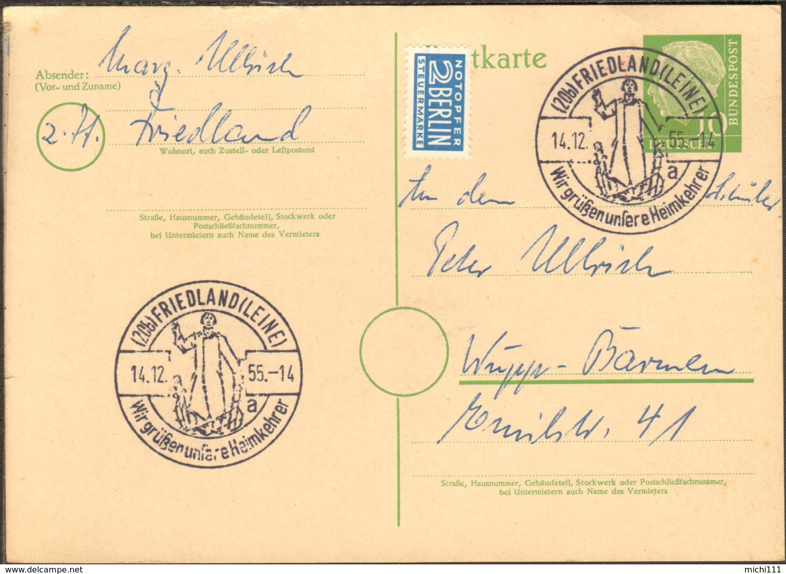 BRD 1955 Friedland Sonderstempel Heimkehrer Auf Ganzsache P 26 - Maschinenstempel (EMA)